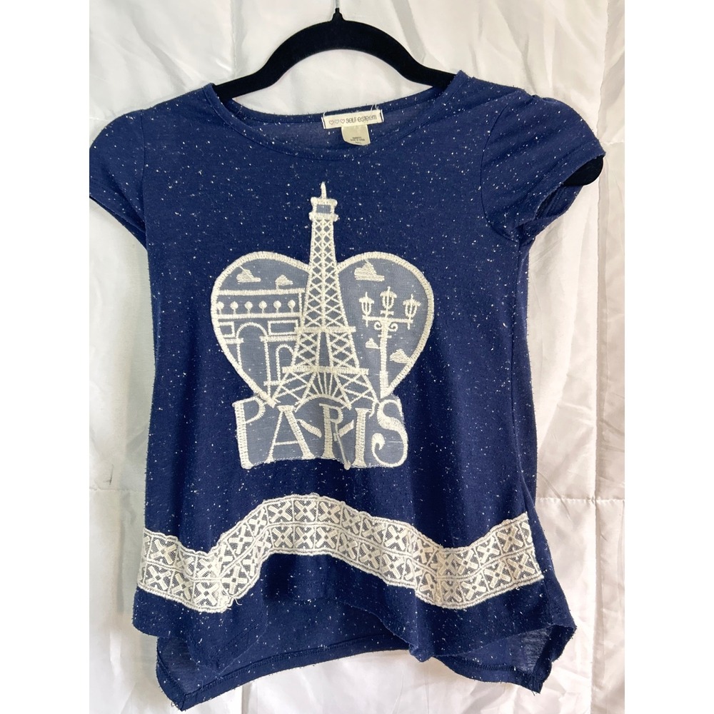 Kids Self Esteem Navy Blue Paris Eiffel Tower Lace Trim T Shirt Size Small